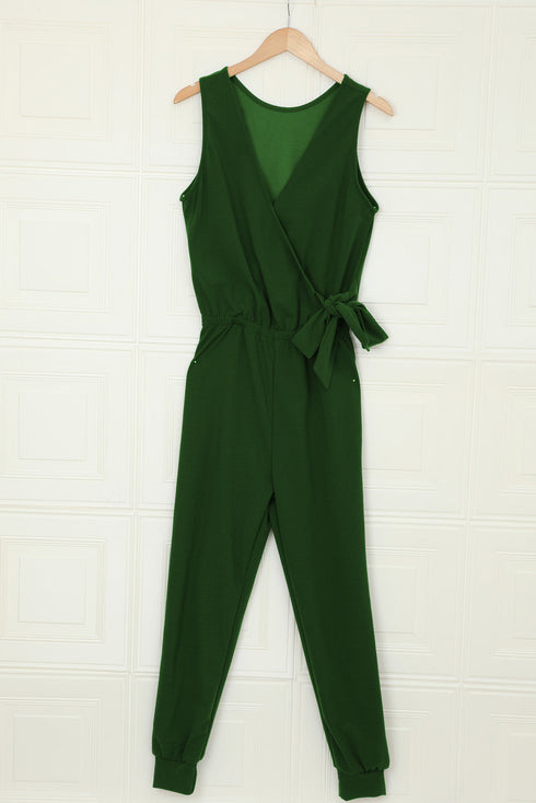 Deep V-Neck Sleeveless Solid Jumpsuit